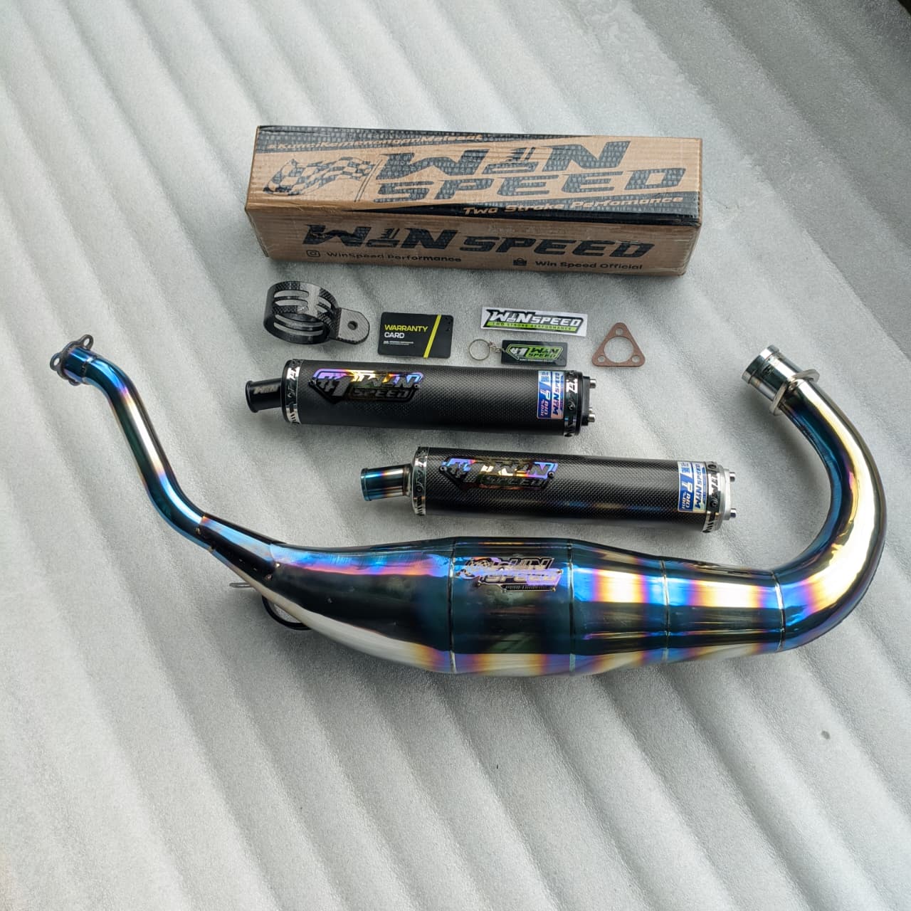 Fullsystem Silencers Carbon Plain Glossy, Exhaust Chamber Standar/Cobra/Super Cobra, Stainless Press Half Blue , KR150, KRR150, KRR150ZX, Serpico - Image 5