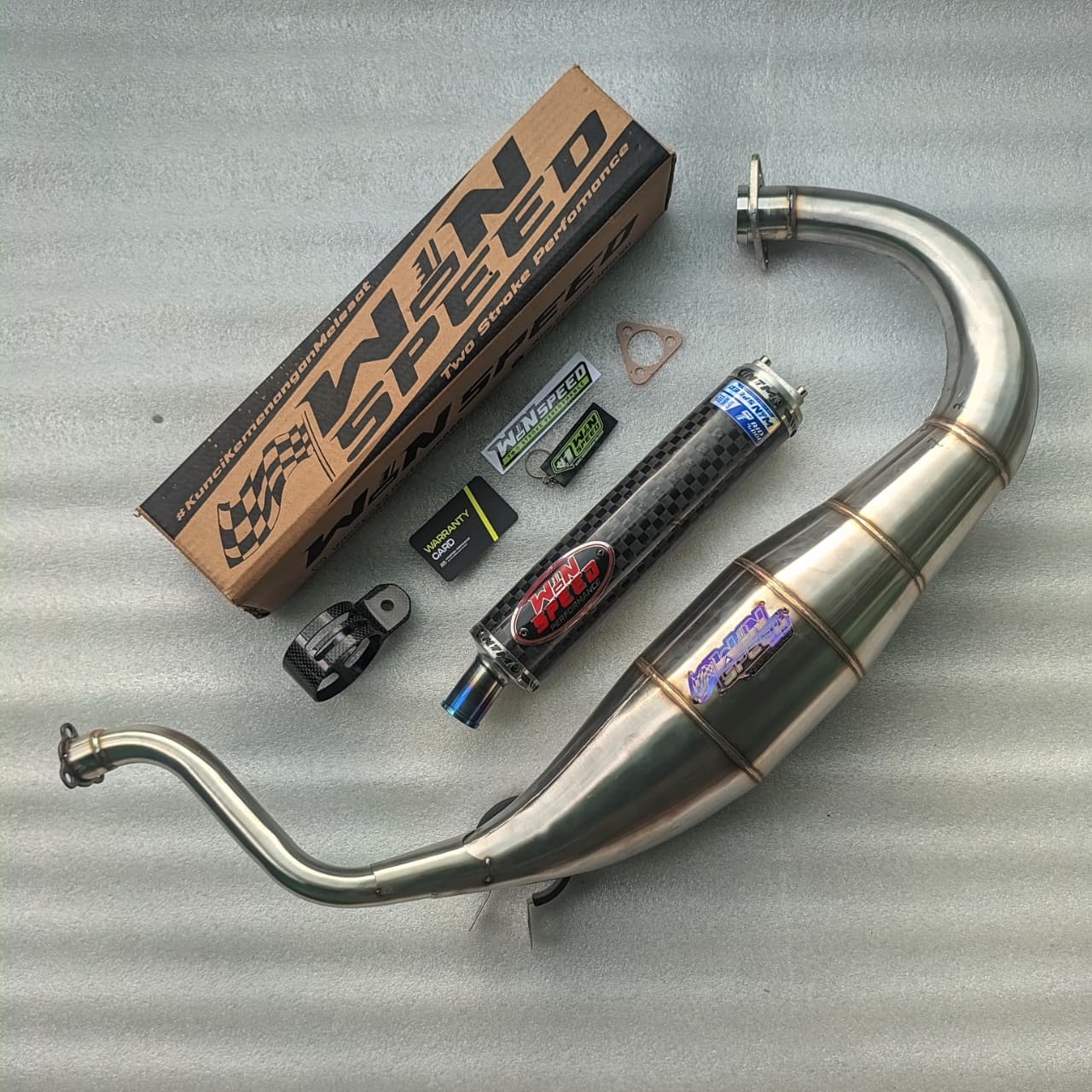 Fullsystem Silencers Carbon Spreadtow Glossy Logo Red, Exhaust Chamber Super Cobra, Stainless Press , KR150, KRR150, KRR150ZX, Serpico - Image 3