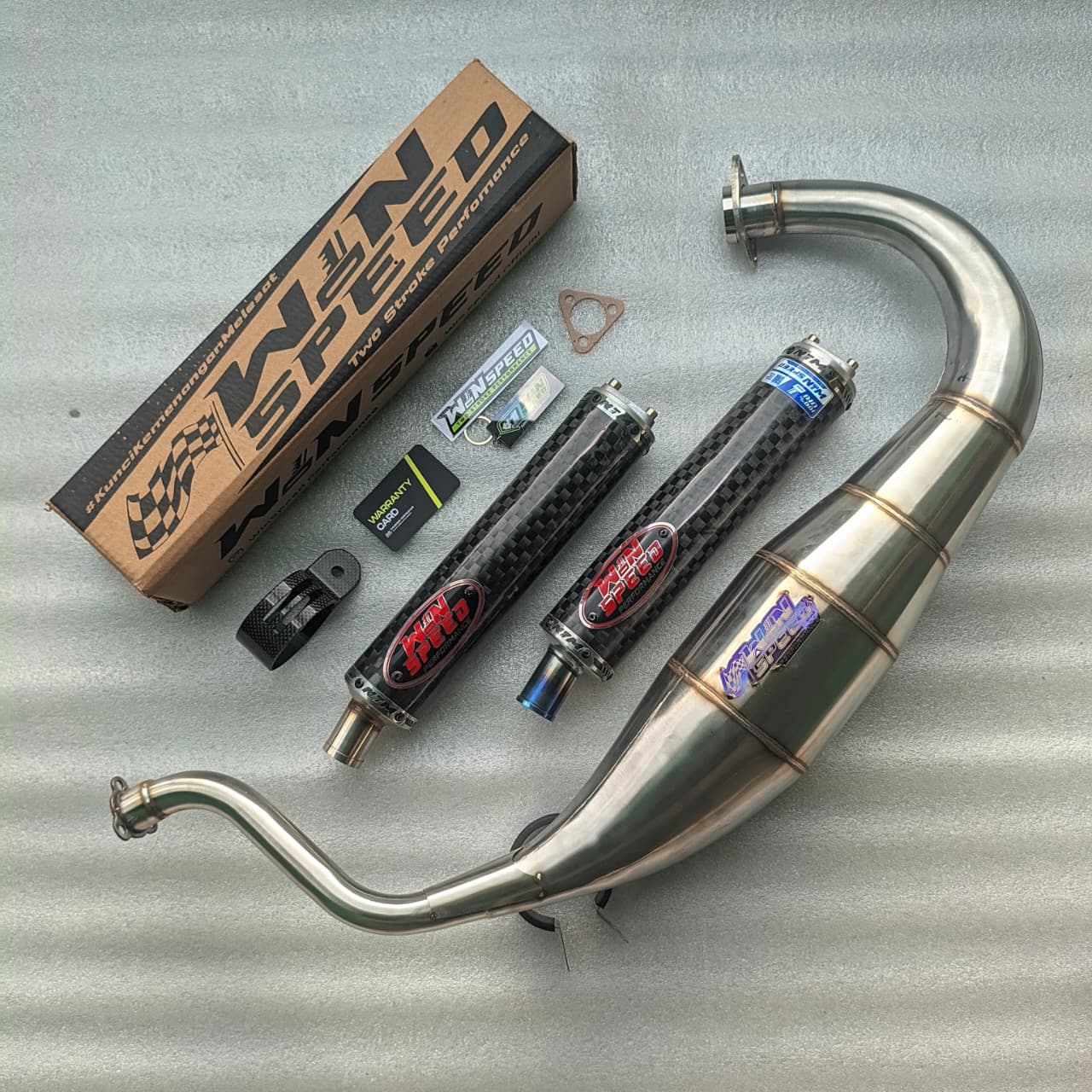 Fullsystem Silencers Carbon Spreadtow Glossy Logo Red, Exhaust Chamber Super Cobra, Stainless Press , KR150, KRR150, KRR150ZX, Serpico