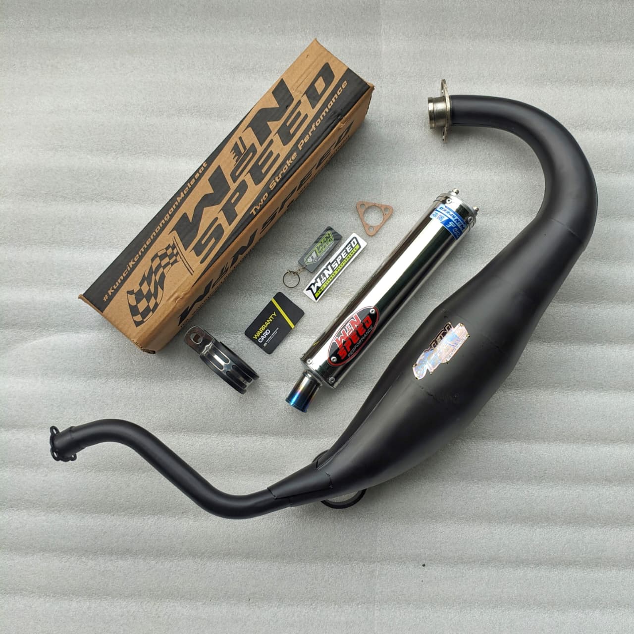 Fullsystem Silencers Stainless Polished Emblem Red , Exhaust Chamber Super Cobra, Clearcoated Mild Steel Black Coating, KR150, KRR150, KRR150ZX, Serpico