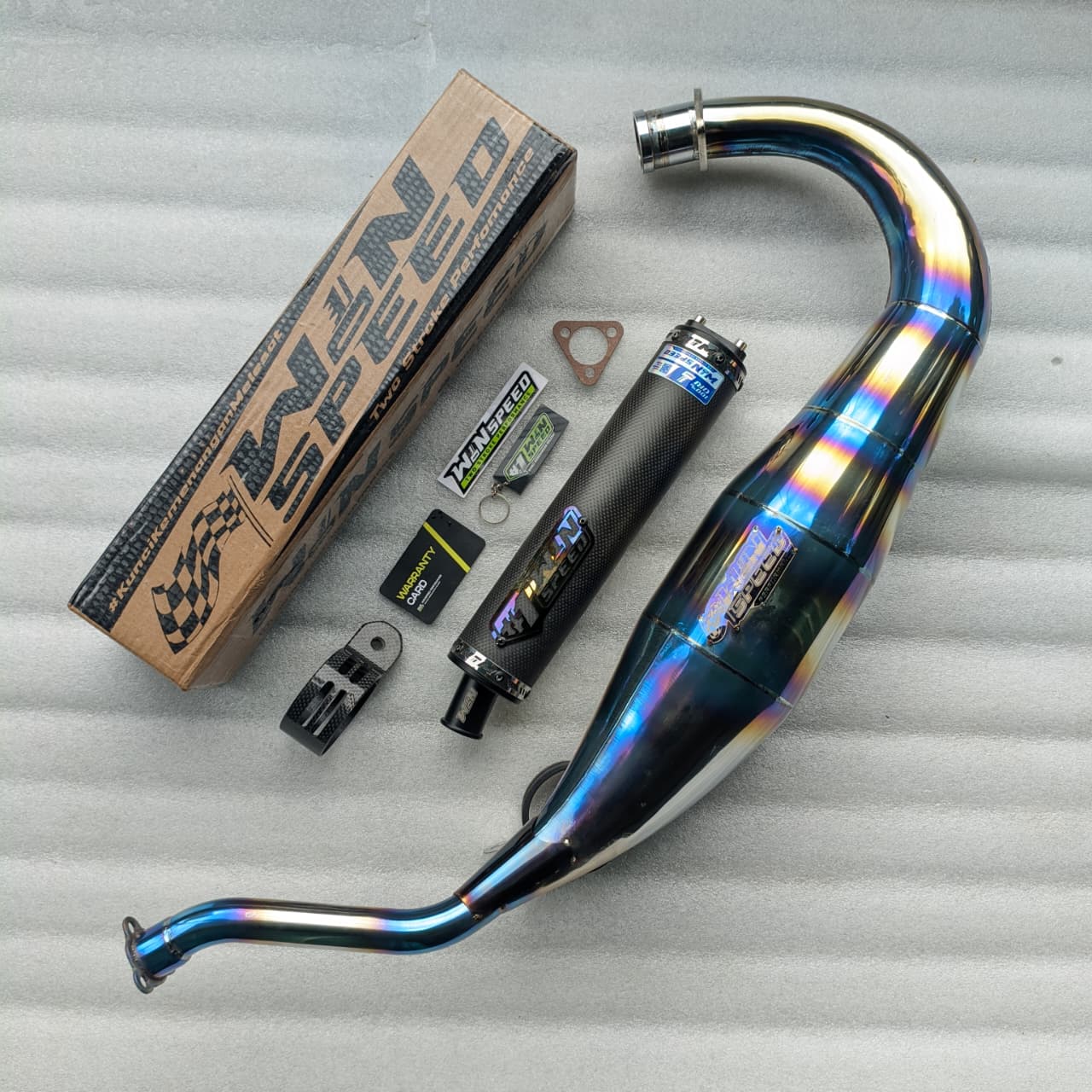 Fullsystem Silencers Carbon Plain Glossy, Exhaust Chamber Standar/Cobra/Super Cobra, Stainless Press Half Blue , KR150, KRR150, KRR150ZX, Serpico - Image 4