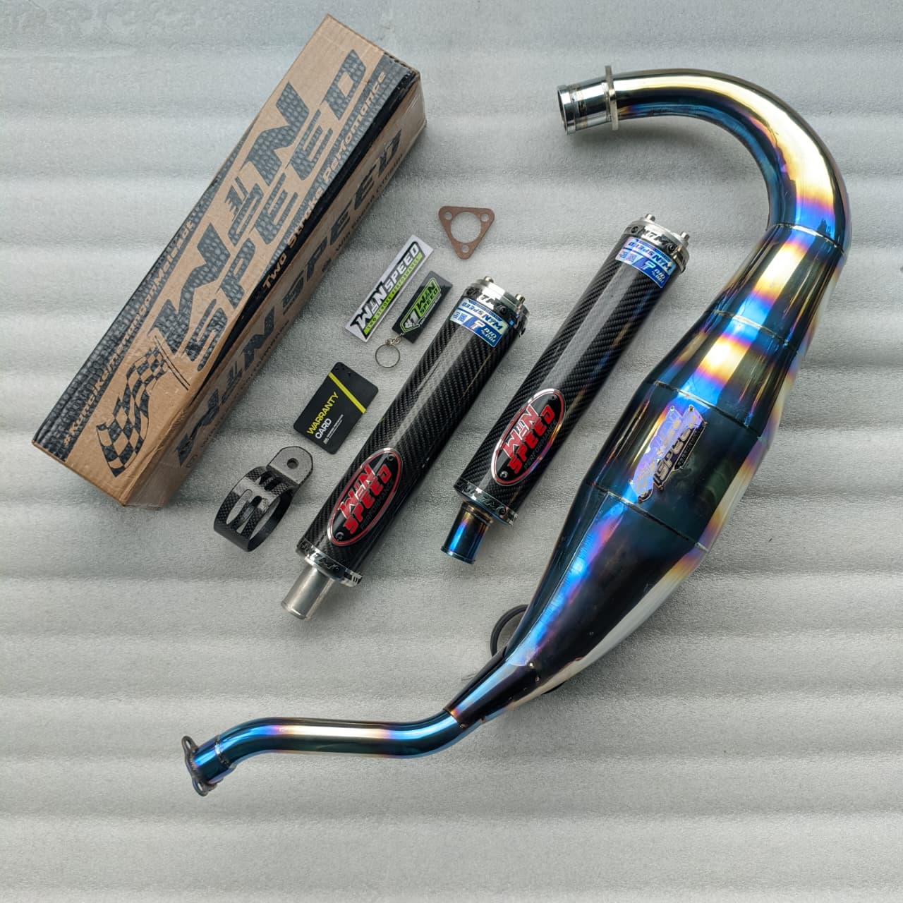 Fullsystem Silencers Carbon Twill Glossy, Exhaust Chamber Standar/Cobra/Super Cobra, Stainless Press Half Blue , KR150, KRR150, KRR150ZX, Serpico