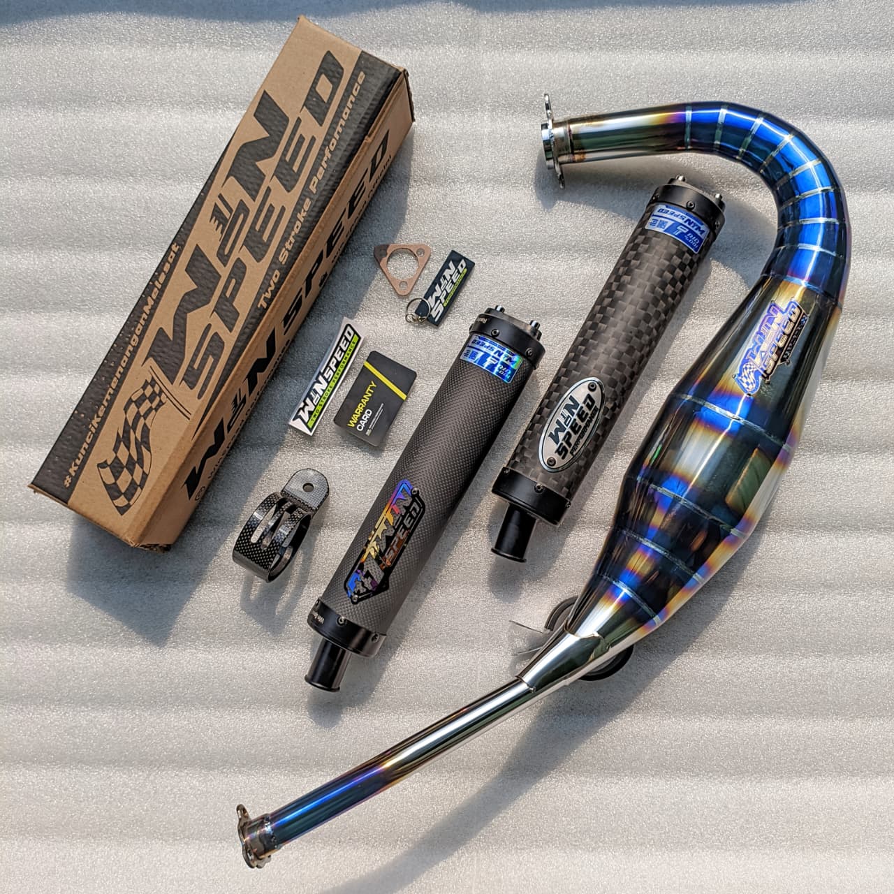 Fullsystem Silencer Carbon Plain & Catur Doff Endcap CNC  , Exhaust Chamber Stainless Half Blue Repsol undercarriage model , YAMAHA RX KING | RXS | RX SERIES