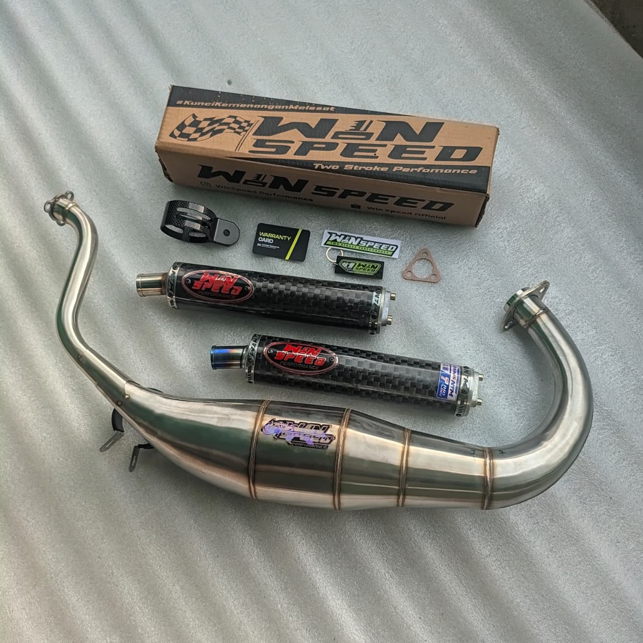 Fullsystem Silencers Carbon Spreadtow Glossy Logo Red, Exhaust Chamber Super Cobra, Stainless Press , KR150, KRR150, KRR150ZX, Serpico - Image 5