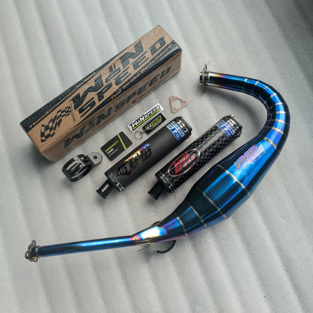 Fullsystem Silencer Carbon Plain Doff & Catur Glossy , Exhaust Chamber Stainless Full Blue Repsol undercarriage model , YAMAHA RX KING | RXS | RX SERIES
