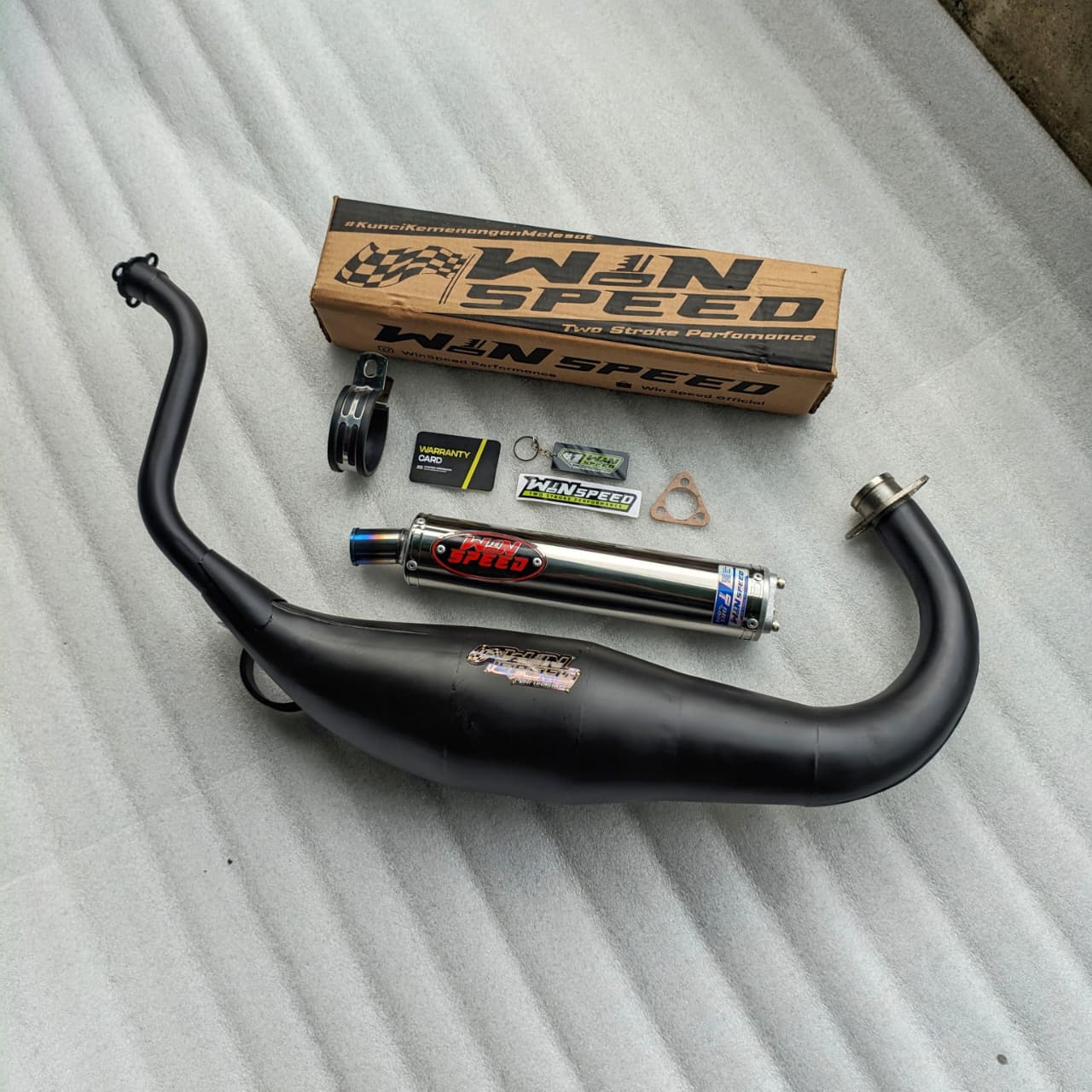 Fullsystem Silencers Stainless Polished Emblem Red , Exhaust Chamber Super Cobra, Clearcoated Mild Steel Black Coating, KR150, KRR150, KRR150ZX, Serpico - Image 2