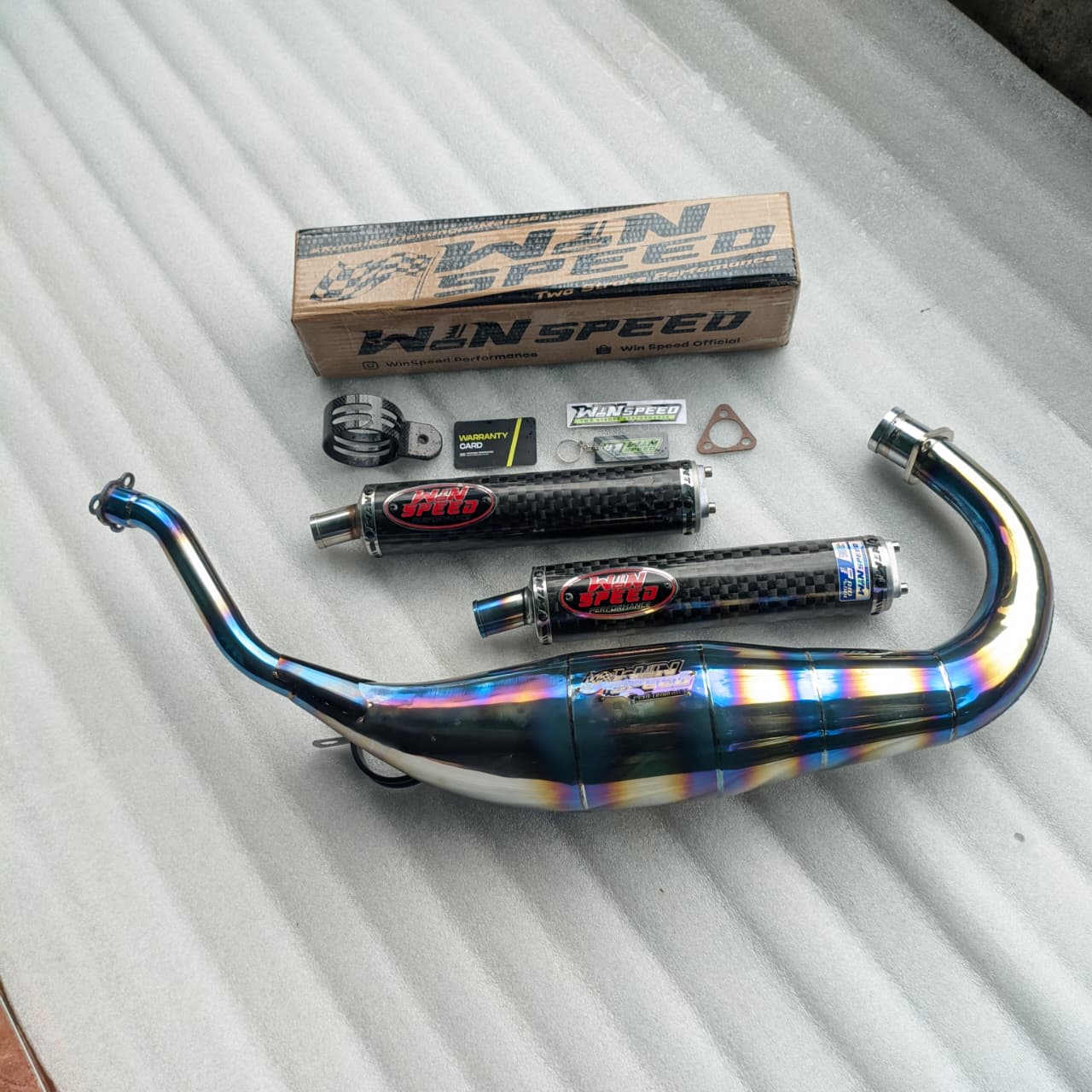 Fullsystem Silencers Carbon Spreadtow Glossy, Exhaust Chamber Standar/Cobra/Super Cobra, Stainless Press Half Blue , KR150, KRR150, KRR150ZX, Serpico - Image 3