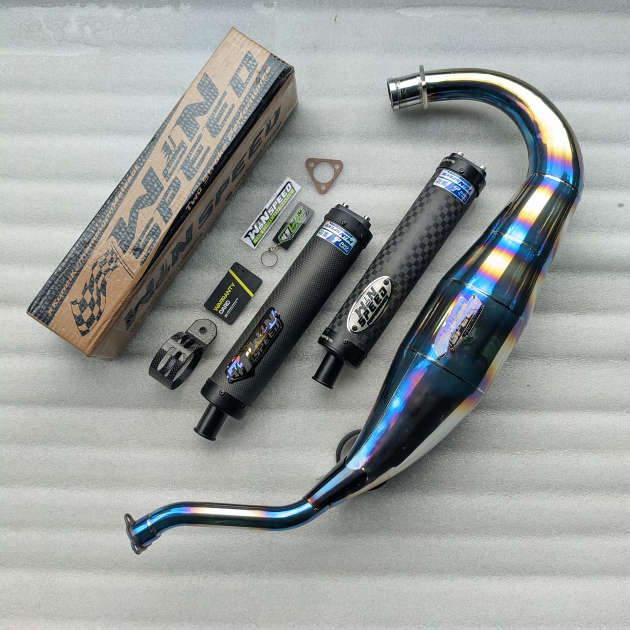 Fullsystem Silencers Carbon Plain & Spreadtow Doff Endcap CNC, Exhaust Chamber Standar/Cobra/Super Cobra, Stainless Press Half Blue , KR150, KRR150, KRR150ZX, Serpico