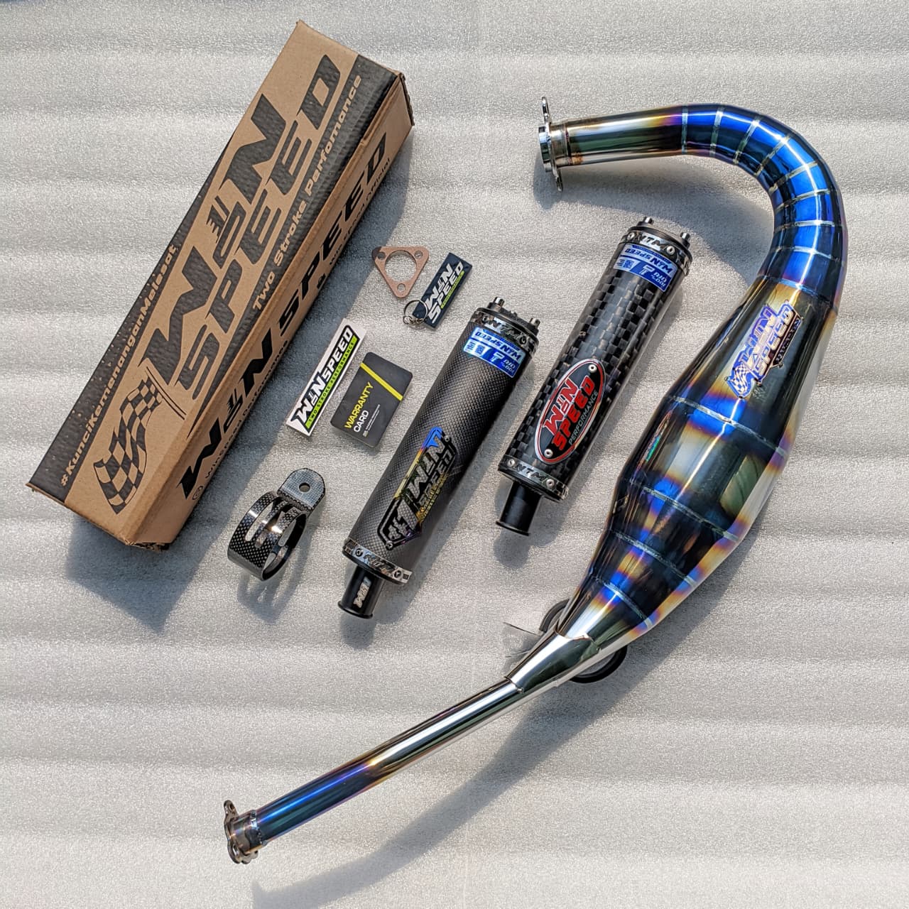 Fullsystem Silencer Carbon Plain Doff & Catur Glossy , Exhaust Chamber Stainless Half Blue Repsol undercarriage model , YAMAHA RX KING | RXS | RX SERIES