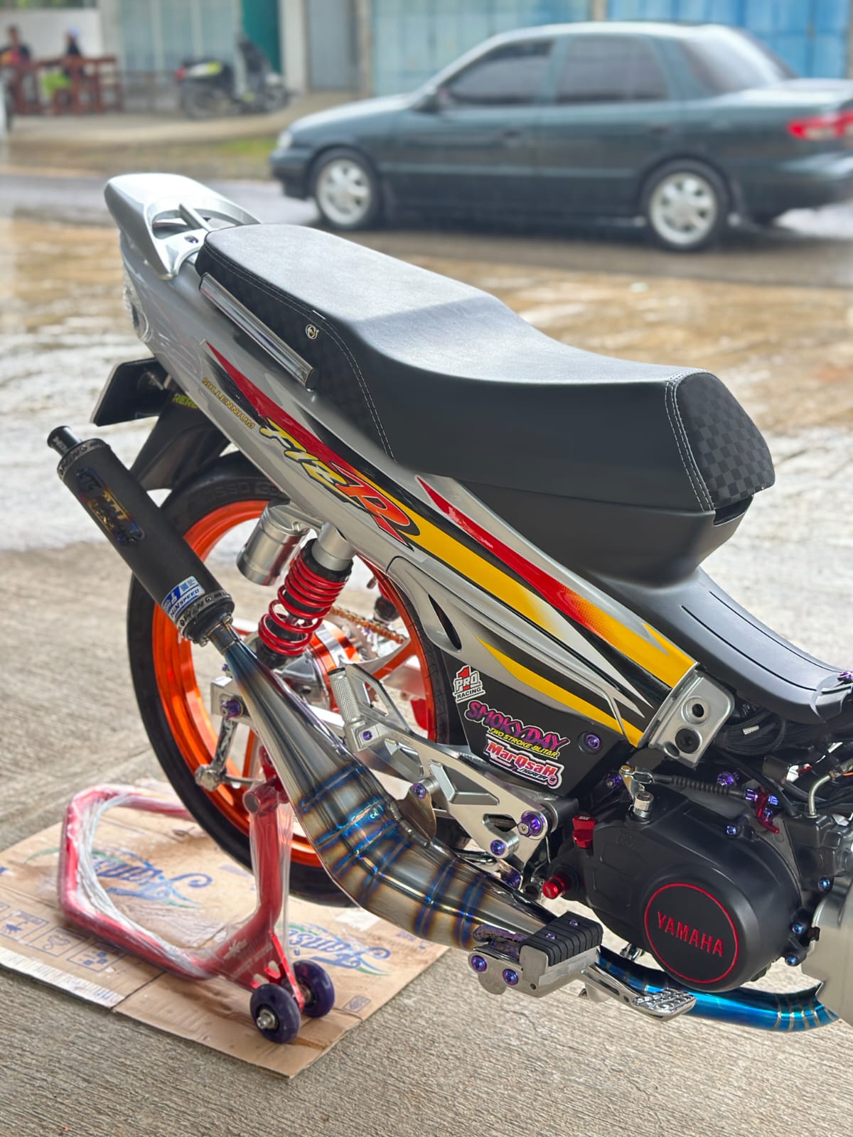 Fullsystem Silencer Carbon Plain Doff , Exhaust Chamber Stainless Half Blue BM POWER Side Model , YAMAHA F1ZR, F1Z, FORCE ONE - Image 4