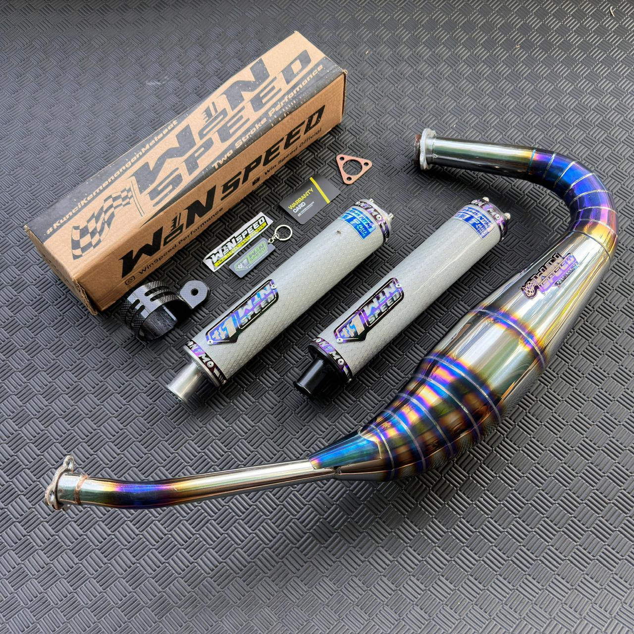 Fullsystem Silencer Carbon Hexagon Texalium Silver , Exhaust Chamber Stainless Half Blue PDK undercarriage model , YAMAHA RX KING | RXS | RX SERIES - Image 2