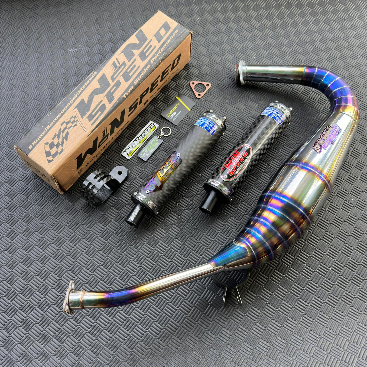 Fullsystem Silencer Carbon Plain Doff & Catur Glossy , Exhaust Chamber Stainless Half Blue PDK undercarriage model , YAMAHA RX KING | RXS | RX SERIES - Image 2