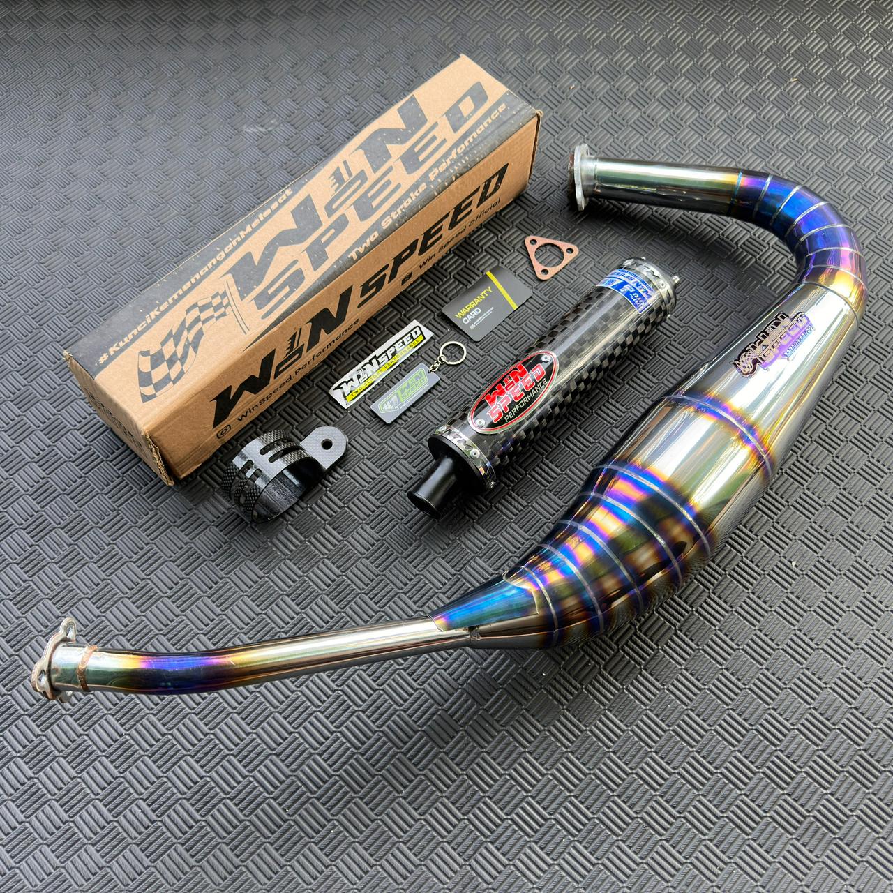 Fullsystem Silencer Carbon Plain Doff & Catur Glossy , Exhaust Chamber Stainless Half Blue PDK undercarriage model , YAMAHA RX KING | RXS | RX SERIES - Image 3