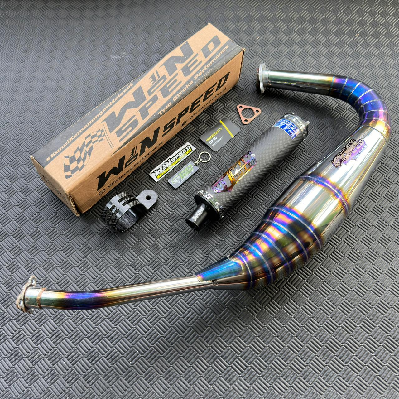 Fullsystem Silencer Carbon Plain Doff & Catur Glossy , Exhaust Chamber Stainless Half Blue PDK undercarriage model , YAMAHA RX KING | RXS | RX SERIES - Image 4