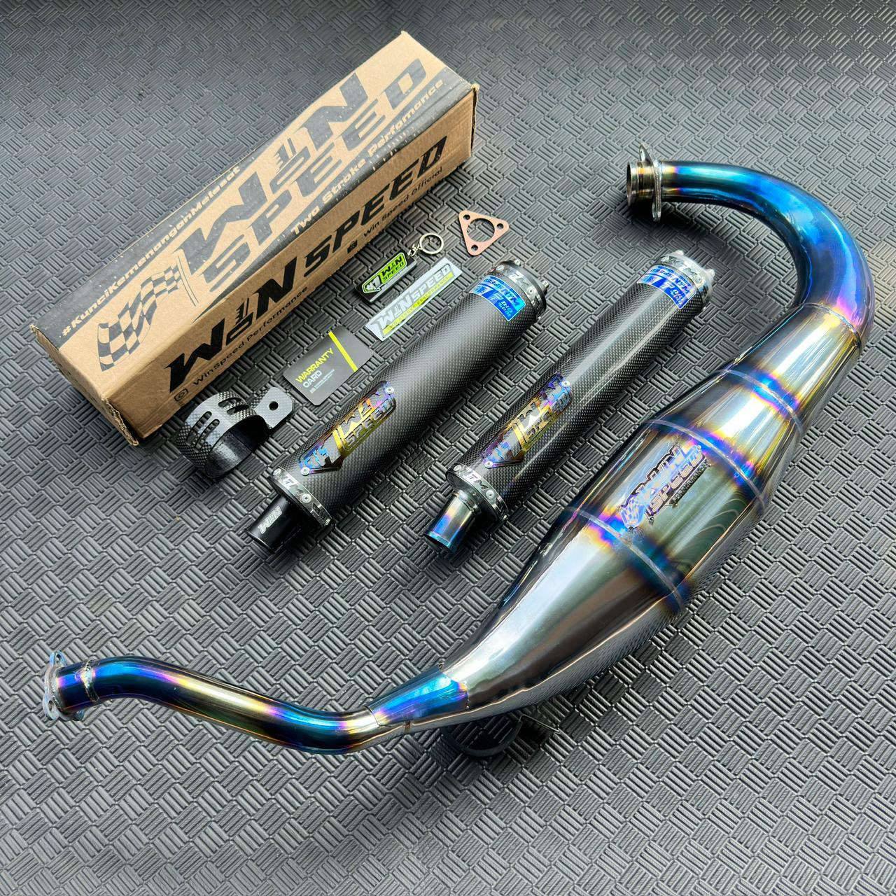 Fullsystem Silencers Carbon Plain Glossy, Exhaust Chamber Standar/Cobra/Super Cobra, Stainless Press Half Blue , KR150, KRR150, KRR150ZX, Serpico - Image 2