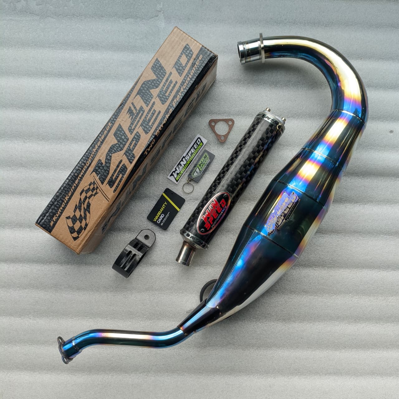 Fullsystem Silencers Carbon Spreadtow Glossy, Exhaust Chamber Standar/Cobra/Super Cobra, Stainless Press Half Blue , KR150, KRR150, KRR150ZX, Serpico - Image 2