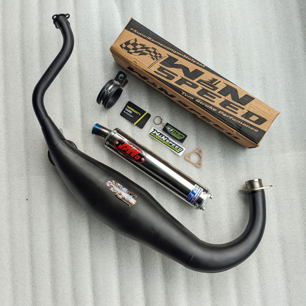 Fullsystem Silencers Stainless Polished Emblem Red , Exhaust Chamber Super Cobra, Clearcoated Mild Steel Black Coating, KR150, KRR150, KRR150ZX, Serpico - Image 3