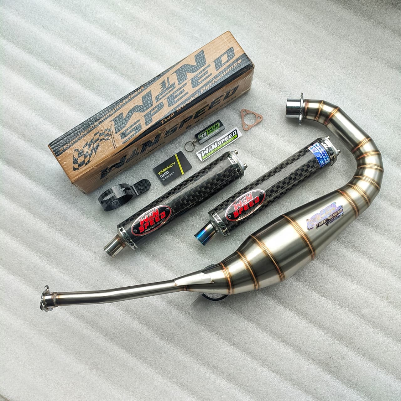 Fullsystem Silencers Carbon Spreadtow Glossy Logo Red , Exhaust Chamber Stainless Cobra Underpass , Suzuki RG-R / RG-V / TXR 150