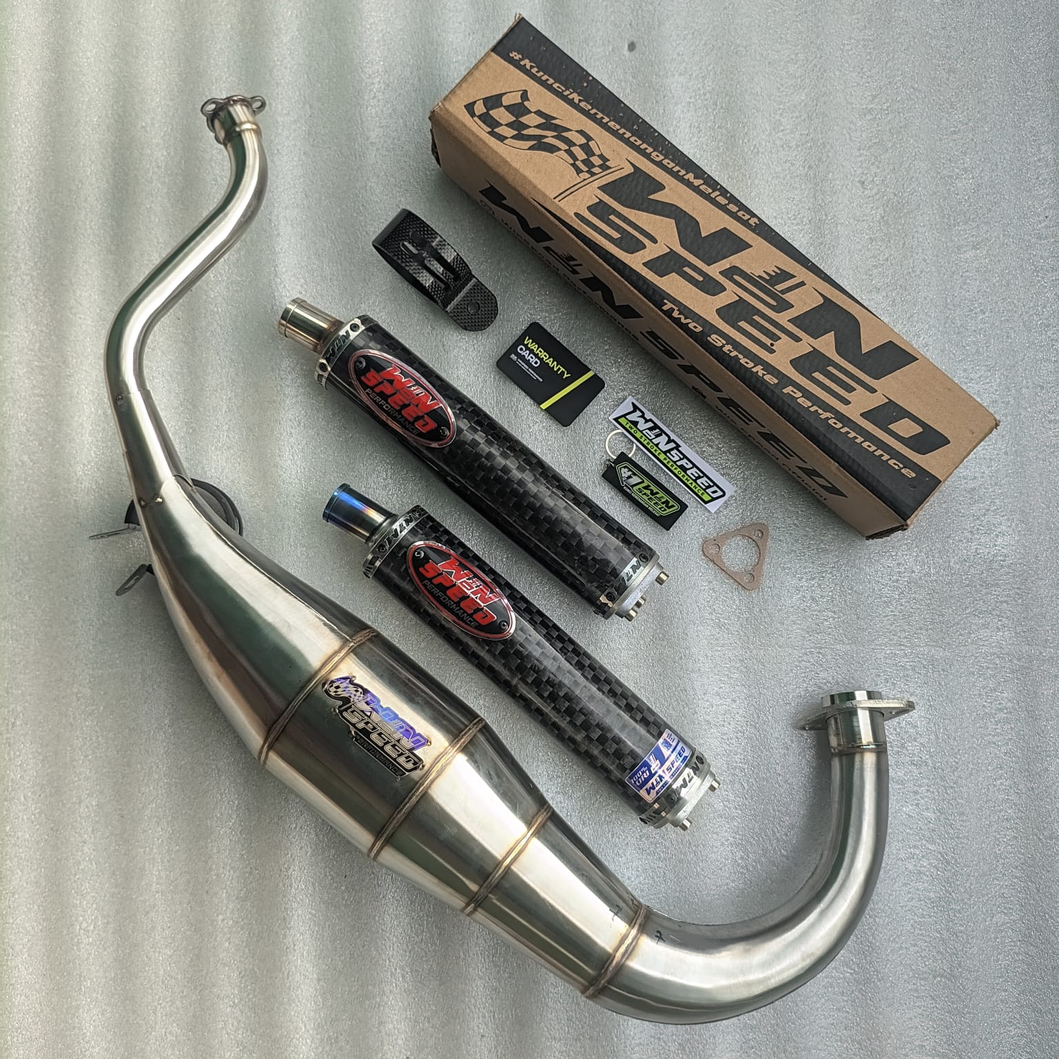 Fullsystem Silencers Carbon Spreadtow Glossy Logo Red, Exhaust Chamber Super Cobra, Stainless Press , KR150, KRR150, KRR150ZX, Serpico - Image 4