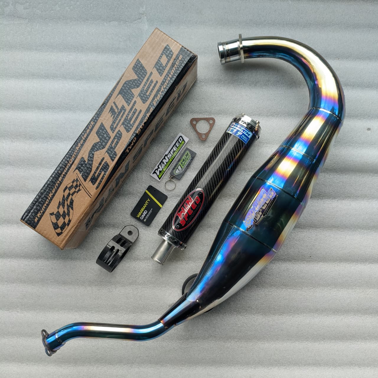 Fullsystem Silencers Carbon Twill Glossy, Exhaust Chamber Standar/Cobra/Super Cobra, Stainless Press Half Blue , KR150, KRR150, KRR150ZX, Serpico - Image 3