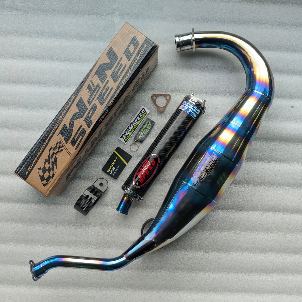 Fullsystem Silencers Carbon Twill Glossy, Exhaust Chamber Standar/Cobra/Super Cobra, Stainless Press Half Blue , KR150, KRR150, KRR150ZX, Serpico - Image 2