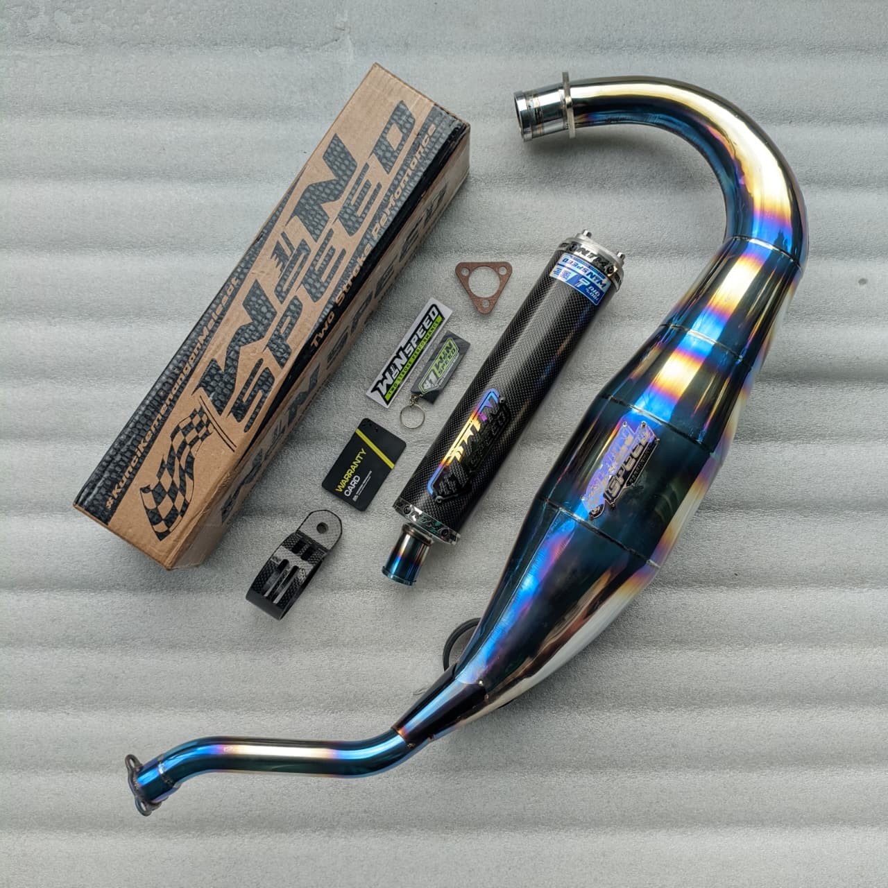 Fullsystem Silencers Carbon Plain Glossy, Exhaust Chamber Standar/Cobra/Super Cobra, Stainless Press Half Blue , KR150, KRR150, KRR150ZX, Serpico - Image 3