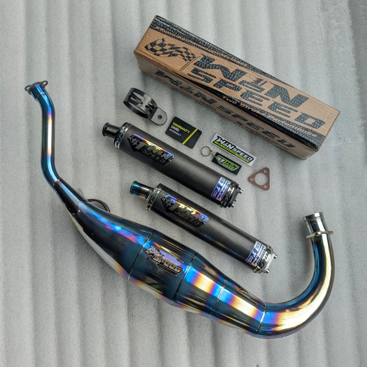 Fullsystem Silencers Carbon Plain Glossy, Exhaust Chamber Standar/Cobra/Super Cobra, Stainless Press Half Blue , KR150, KRR150, KRR150ZX, Serpico - Image 2