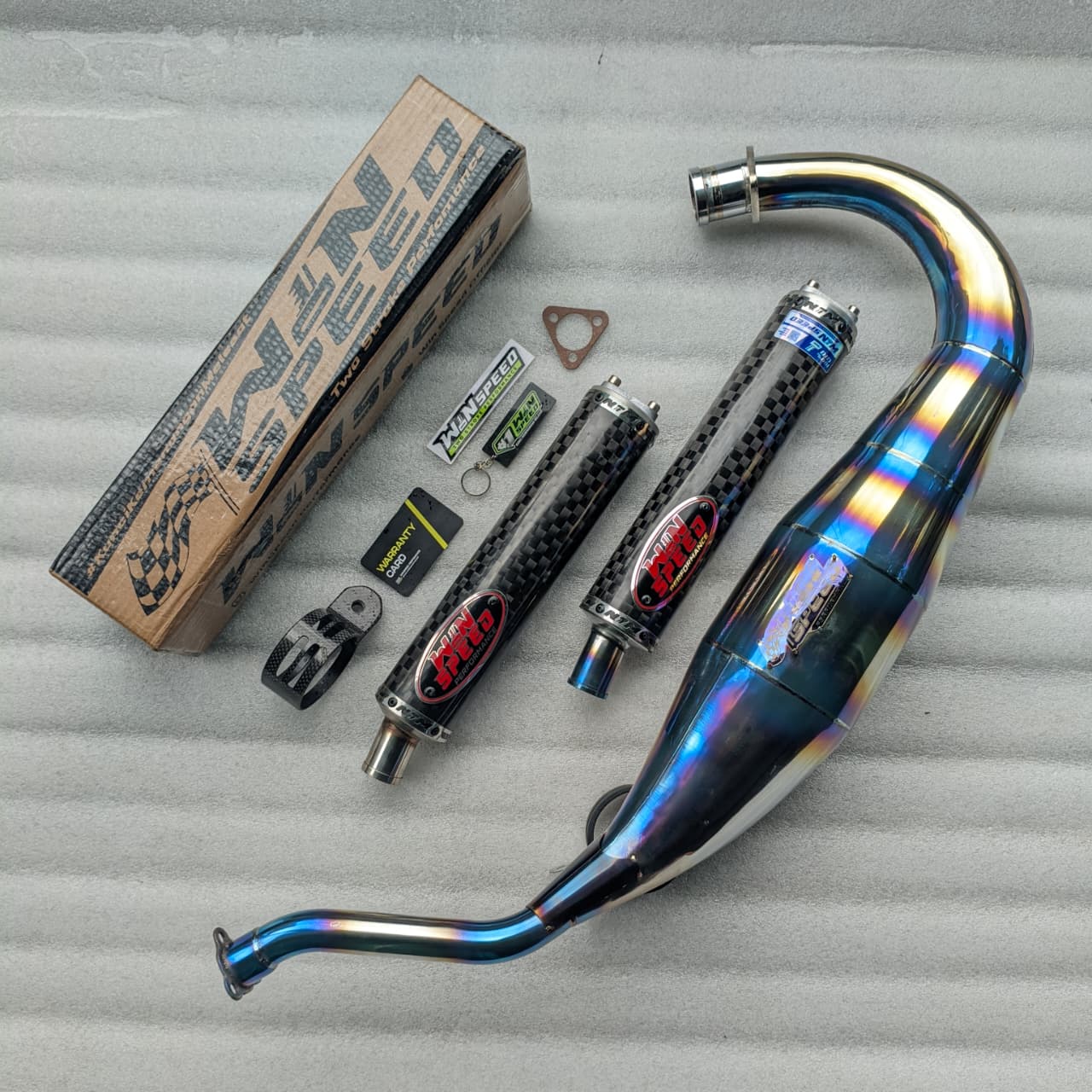 Fullsystem Silencers Carbon Spreadtow Glossy, Exhaust Chamber Standar/Cobra/Super Cobra, Stainless Press Half Blue , KR150, KRR150, KRR150ZX, Serpico