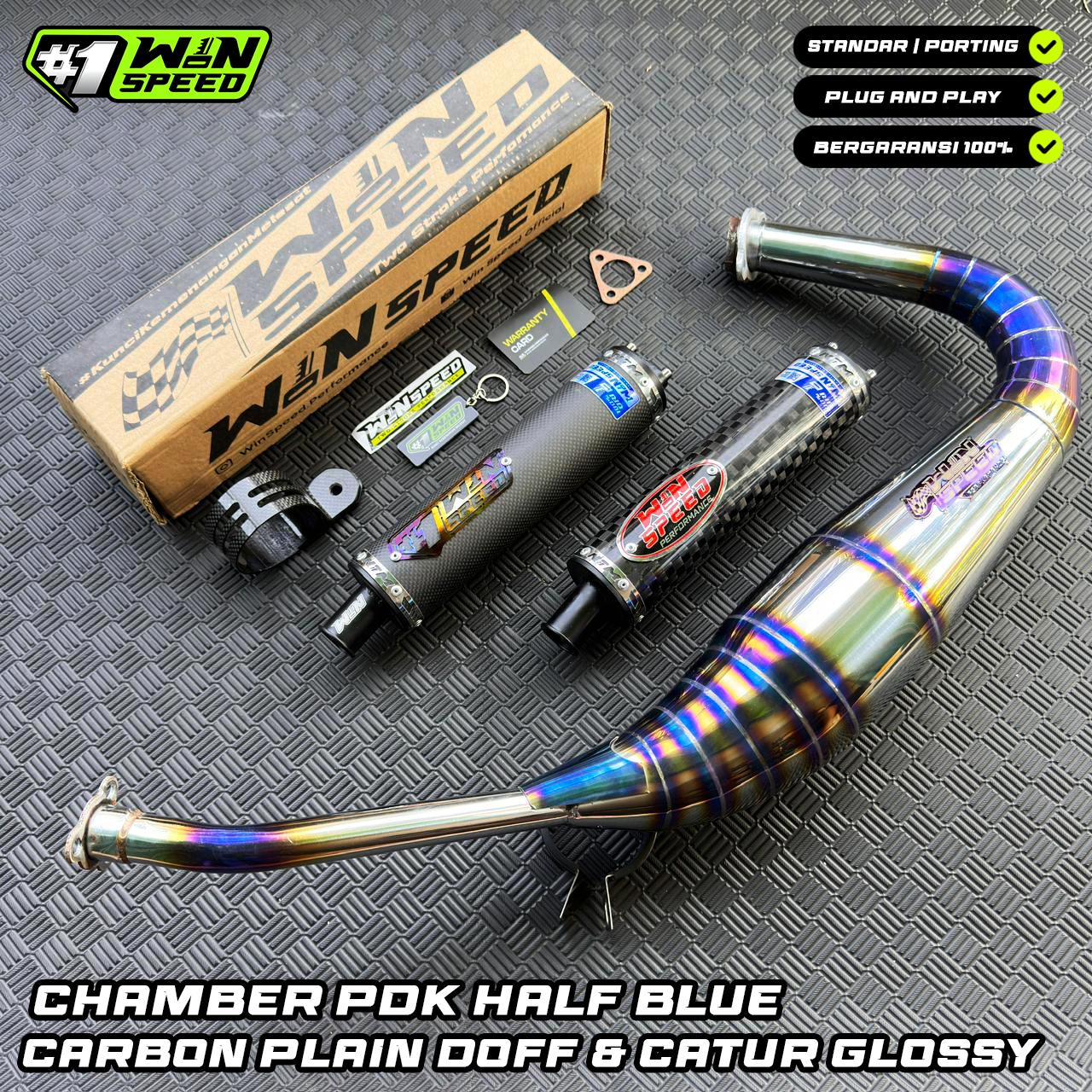 Fullsystem Silencer Carbon Plain Doff & Catur Glossy , Exhaust Chamber Stainless Half Blue PDK undercarriage model , YAMAHA RX KING | RXS | RX SERIES