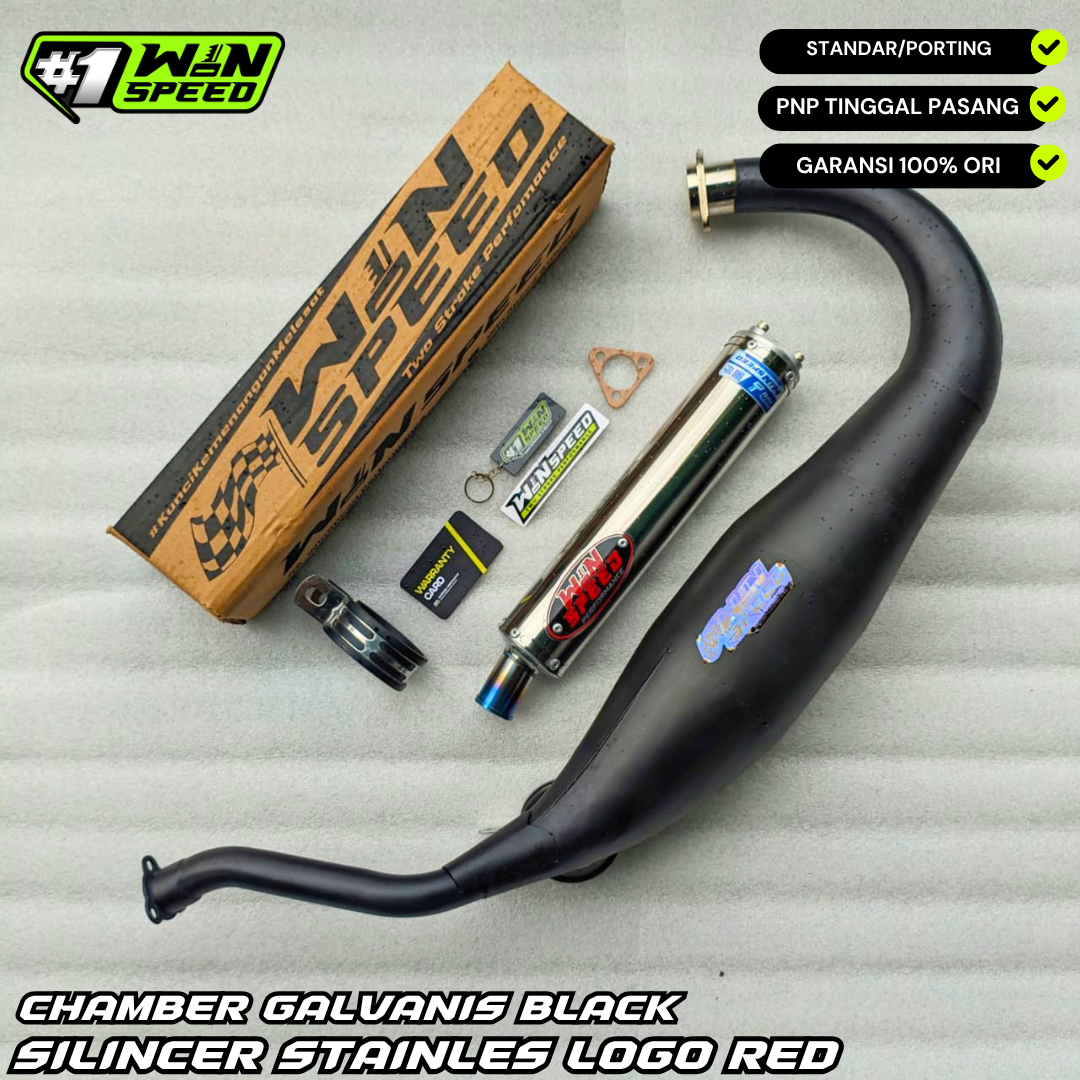 Fullsystem Silencer Stainles Polished Logo Red , Exhaust Chamber Cobra Medium, Clearcoated Mild Steel Black Coating, KR150, KRR150, KRR150ZX, Serpico