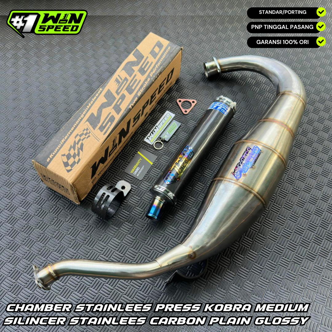 Fullsystem Silencers Carbon Plain Glossy , Exhaust Chamber Cobra Medium, Stainless Press , KR150, KRR150, KRR150ZX, Serpico
