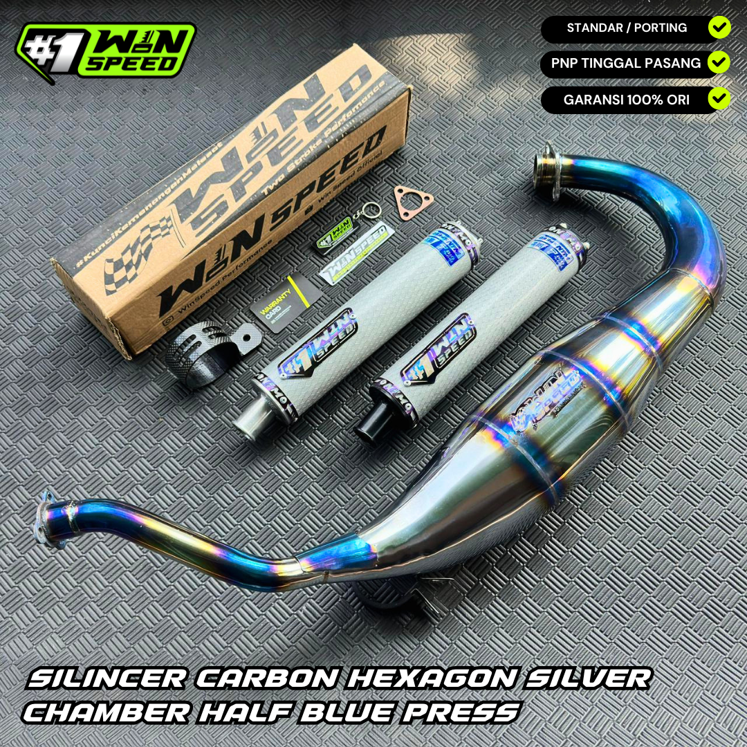 Fullsystem Silencers Carbon Hexagon Texalium Silver, Exhaust Chamber Standar/Cobra/Super Cobra, Stainless Press Half Blue , KR150, KRR150, KRR150ZX, Serpico