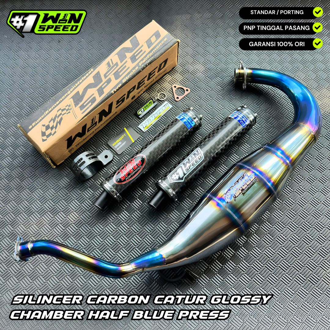 Fullsystem Silencers Carbon Spreadtow Glossy, Exhaust Chamber Standar/Cobra/Super Cobra, Stainless Press Half Blue , KR150, KRR150, KRR150ZX, Serpico