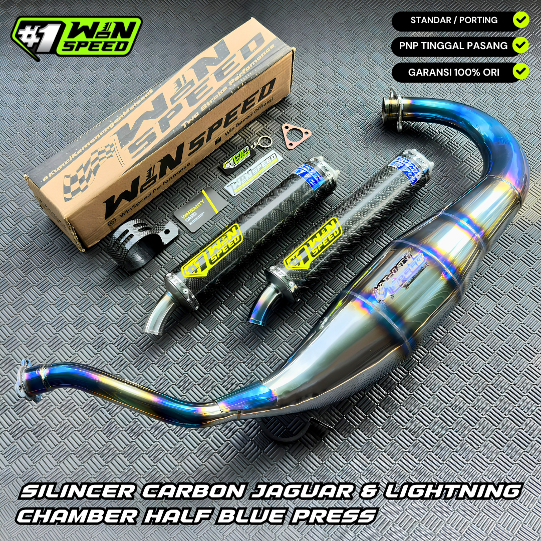 Fullsystem Silencers Carbon Jaguar & Lightning Glossy, Exhaust Chamber Standar/Cobra/Super Cobra, Stainless Press Half Blue , KR150, KRR150, KRR150ZX, Serpico