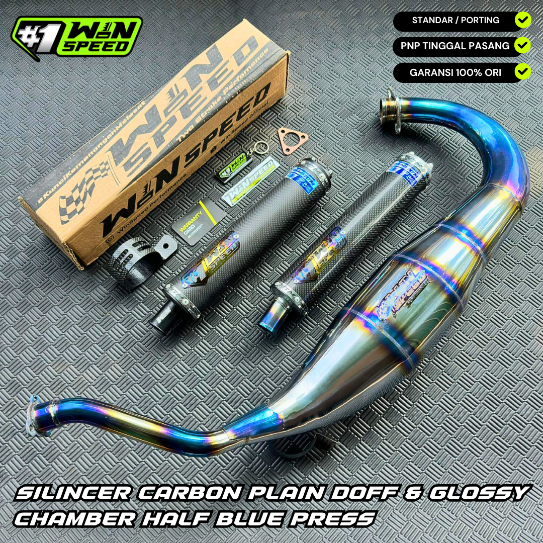Fullsystem Silencers Carbon Plain Glossy, Exhaust Chamber Standar/Cobra/Super Cobra, Stainless Press Half Blue , KR150, KRR150, KRR150ZX, Serpico