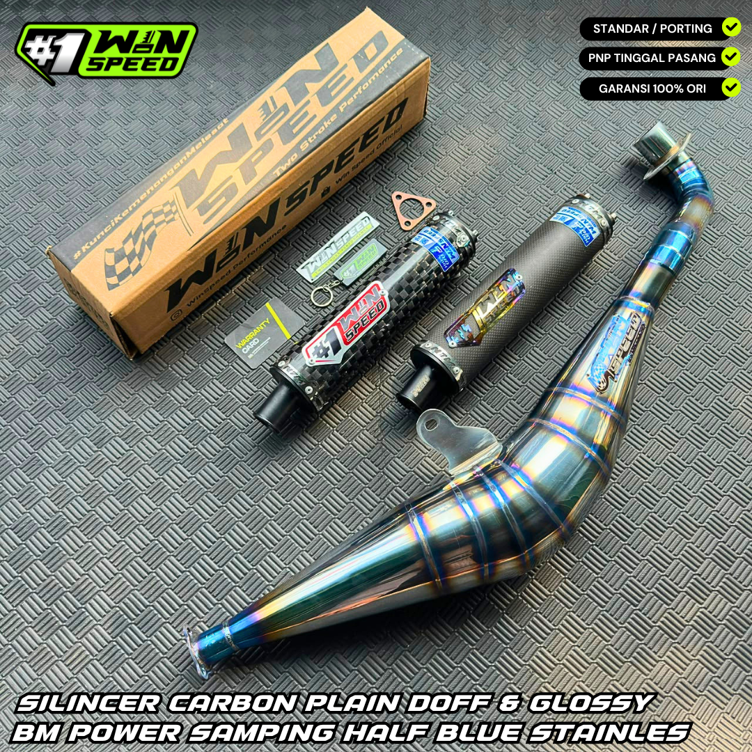 Fullsystem Silencer Carbon Plain Doff & Spreadtow Glossy, Exhaust Chamber Stainless Half Blue BM POWER Side Model , YAMAHA F1ZR, F1Z, FORCE ONE