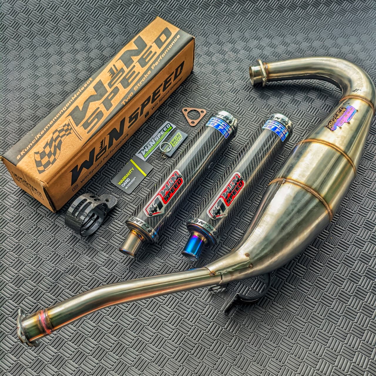 Fullsystem Silencers Carbon Twill Glossy Muzzle Titanium , Exhaust Chamber Step Standar, Stainless Press , KR150, KRR150, KRR150ZX, Serpico