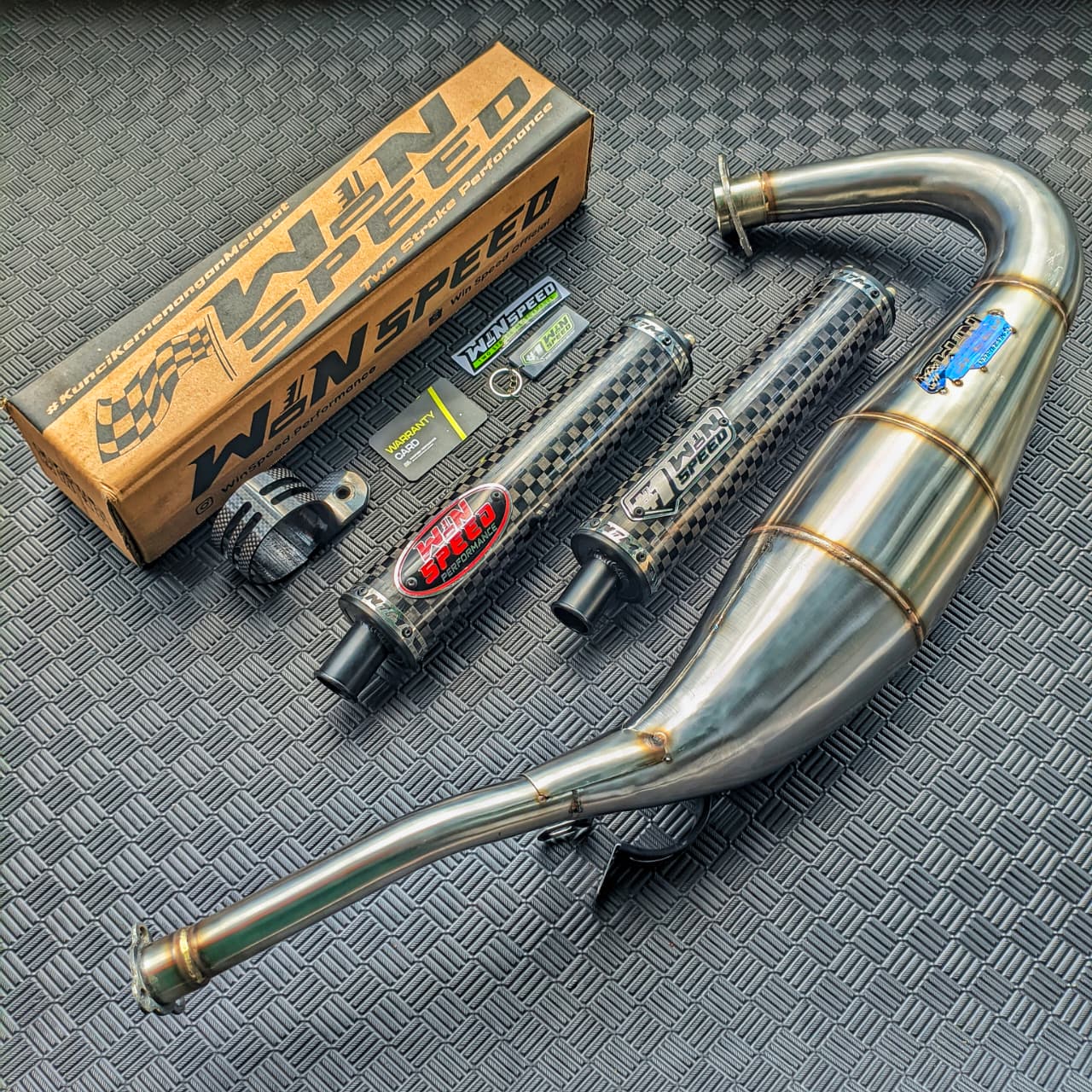 Fullsystem Silencers Carbon Spreadtow Glossy Logo Red & Silver, Exhaust Chamber Step Standar, Stainless Press , KR150, KRR150, KRR150ZX, Serpico