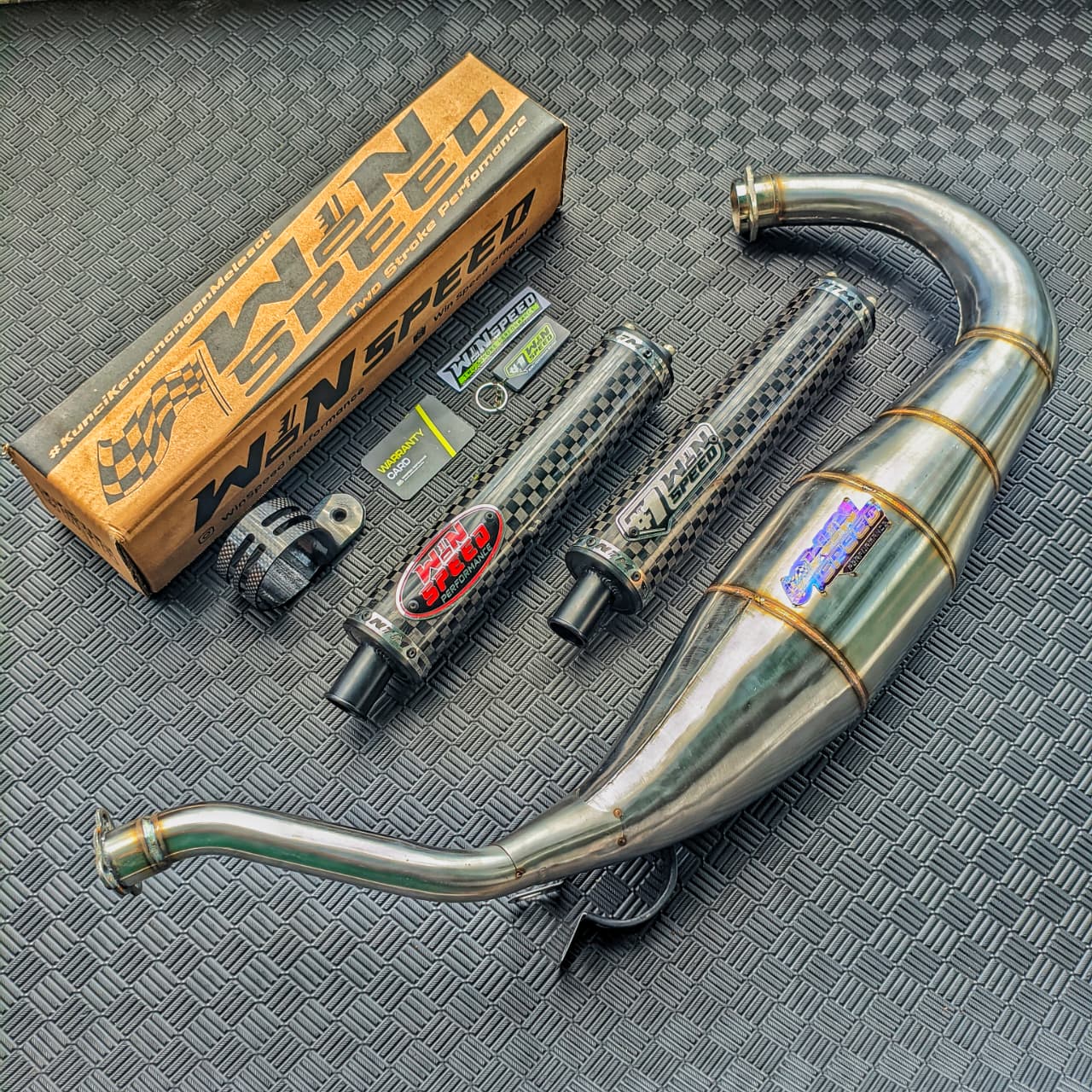 Fullsystem Silencers Carbon Spreadtow Glossy Logo Red & Silver , Exhaust Chamber Cobra Medium, Stainless Press , KR150, KRR150, KRR150ZX, Serpico