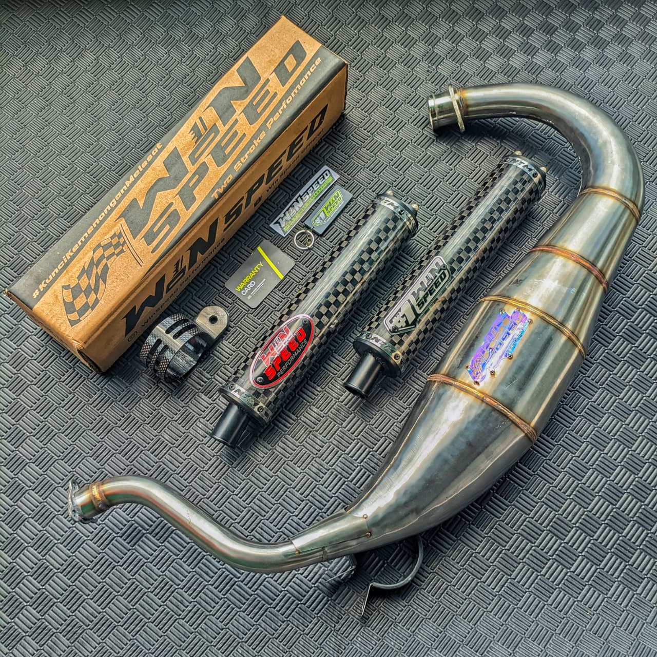 Fullsystem Silencers Carbon Spreadtow Glossy Logo Red & Silver , Exhaust Chamber Super Cobra, Stainless Press , KR150, KRR150, KRR150ZX, Serpico