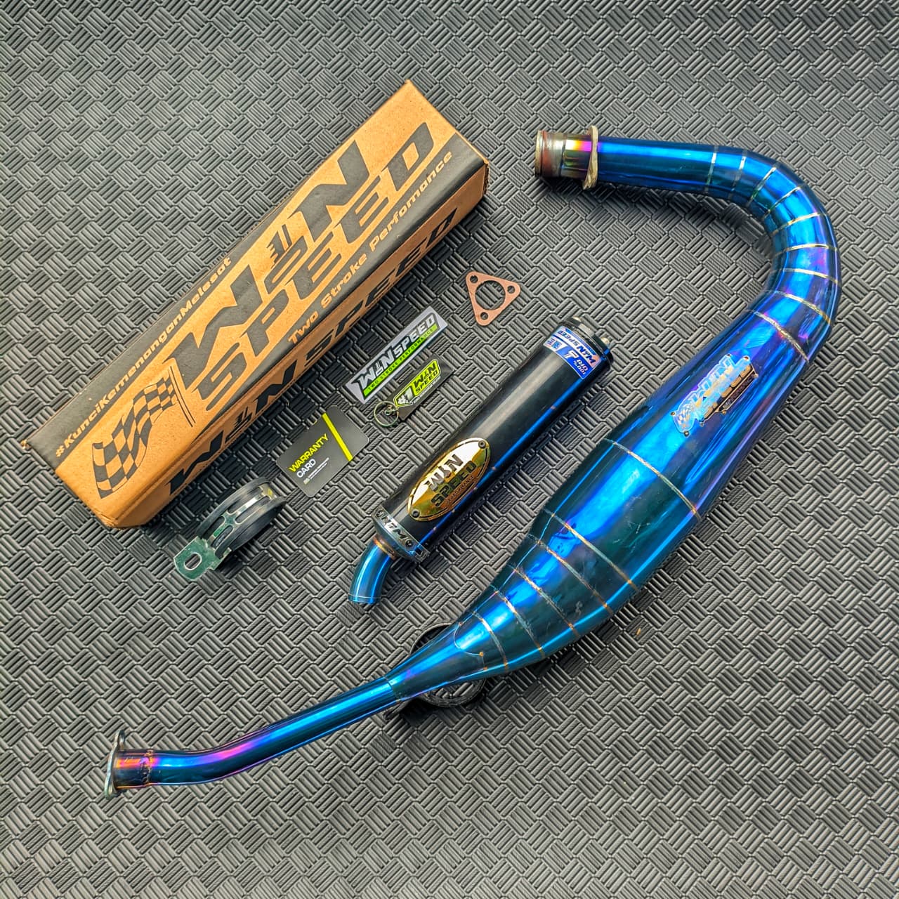 Fullsystem Silencer Almu Hitam Logo Gold , Exhaust Chamber Stainless Full Blue PDK undercarriage model , YAMAHA RX KING | RXS | RX SERIES