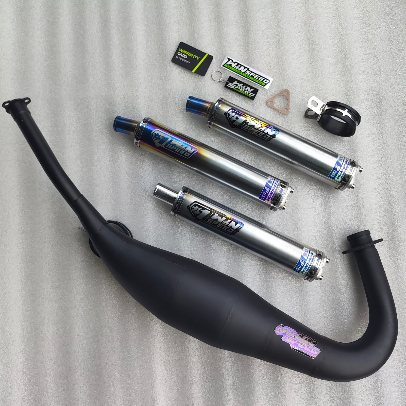 Fullsystem Silencers Stainlees Half Blue Series , Exhaust Chamber Step Standar, Clearcoated Mild Steel Black Coating, KR150, KRR150, KRR150ZX, Serpico