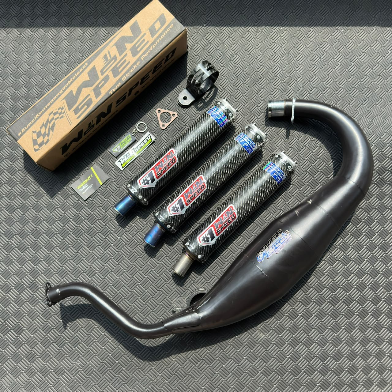 Fullsystem Silencers Carbon Twill Glossy Muzzle Titanium, Exhaust Chamber Super Cobra, Clearcoated Mild Steel Black Coating, KR150, KRR150, KRR150ZX, Serpico