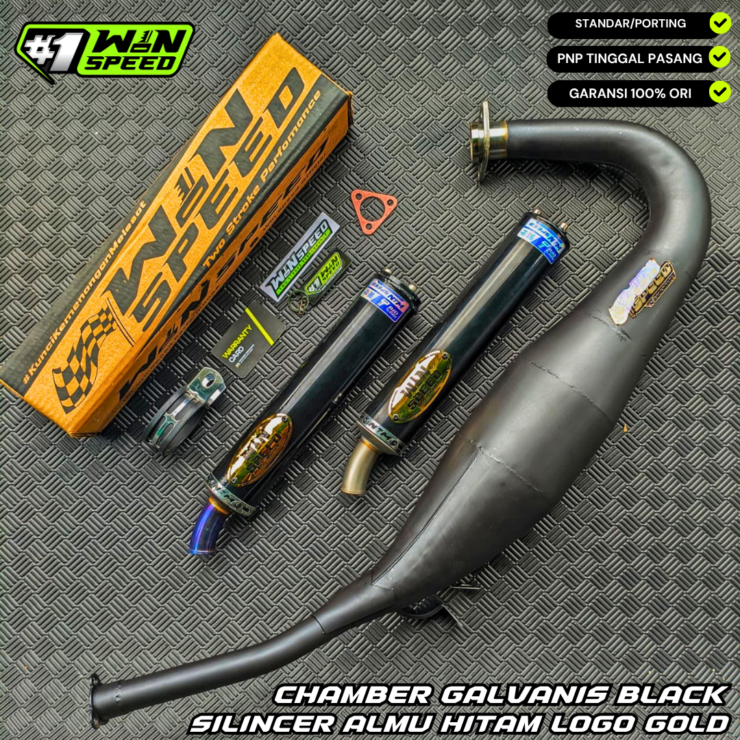 Fullsystem Silencers Almu Black Coating Logo Gold , Exhaust Chamber Step Standar, Clearcoated Mild Steel Black Coating, KR150, KRR150, KRR150ZX, Serpico