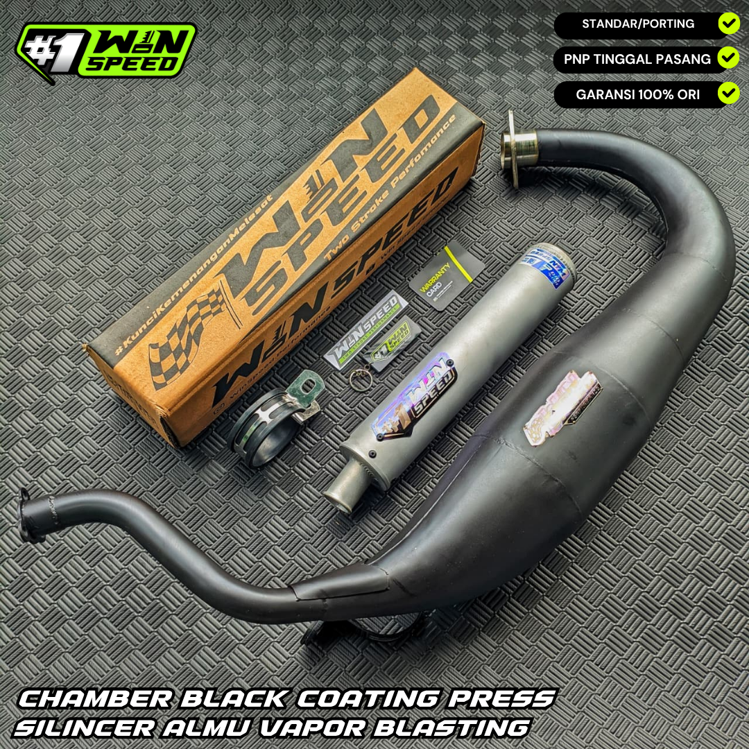 Fullsystem Silencer Almu Vapor Blasting, Exhaust Chamber Super Cobra, Clearcoated Mild Steel Black Coating, KR150, KRR150, KRR150ZX, Serpico