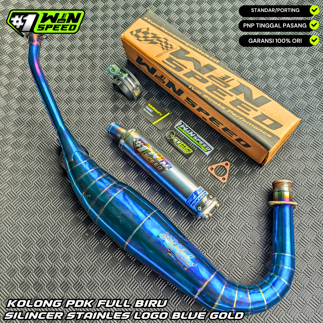Fullsystem Silencer Stainlees Half Blue Logo Blue Gold , Exhaust Chamber Stainless Full Blue PDK undercarriage model , YAMAHA RX KING | RXS | RX SERIES