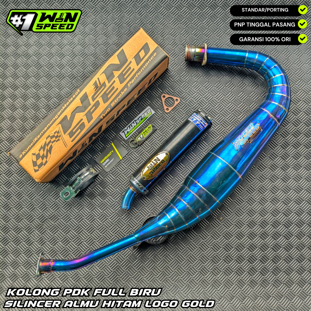 Fullsystem Silencer Almu Hitam Logo Gold , Exhaust Chamber Stainless Full Blue PDK undercarriage model , YAMAHA RX KING | RXS | RX SERIES