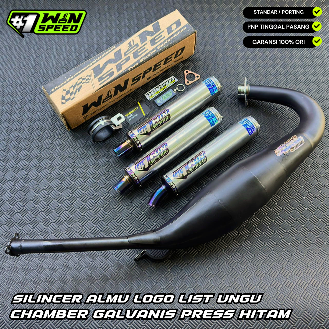Fullsystem Silencers Almu Logo List Purple , Exhaust Chamber Step Standar, Clearcoated Mild Steel Black Coating, KR150, KRR150, KRR150ZX, Serpico