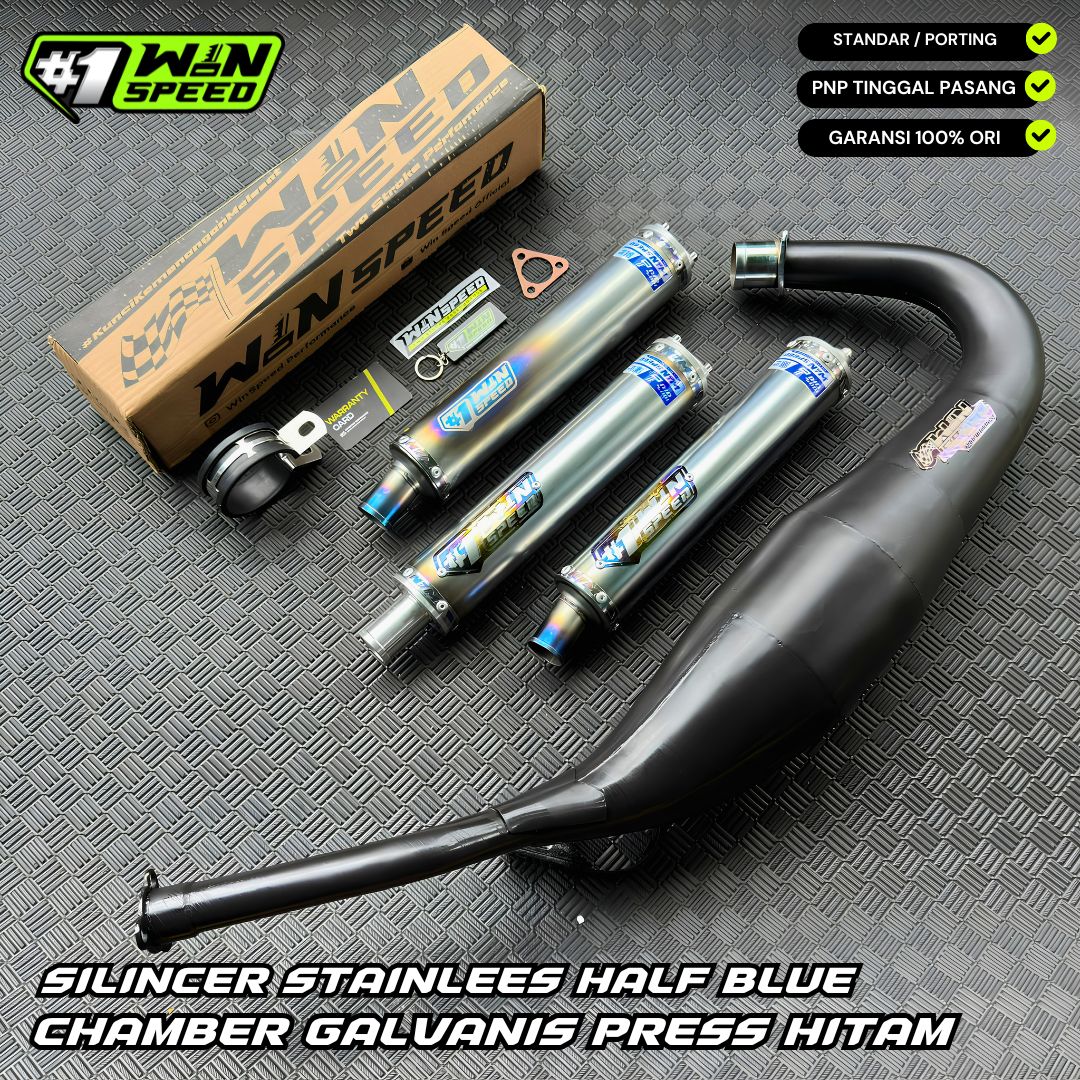 Fullsystem Silencers Stainlees Half Blue Series , Exhaust Chamber Step Standar, Clearcoated Mild Steel Black Coating, KR150, KRR150, KRR150ZX, Serpico
