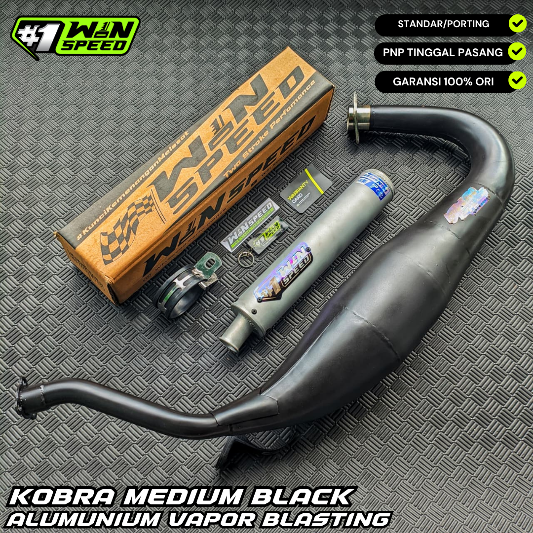 Fullsystem Silencer Almu Vapor Blasting, Exhaust Chamber Cobra Medium, Clearcoated Mild Steel Black Coating, KR150, KRR150, KRR150ZX, Serpico